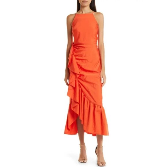 CINQ À SEPT 'Neena' Ruched Ruffle-Trim Midi-Dress, Cherry Tomato - Picture 2 of 4